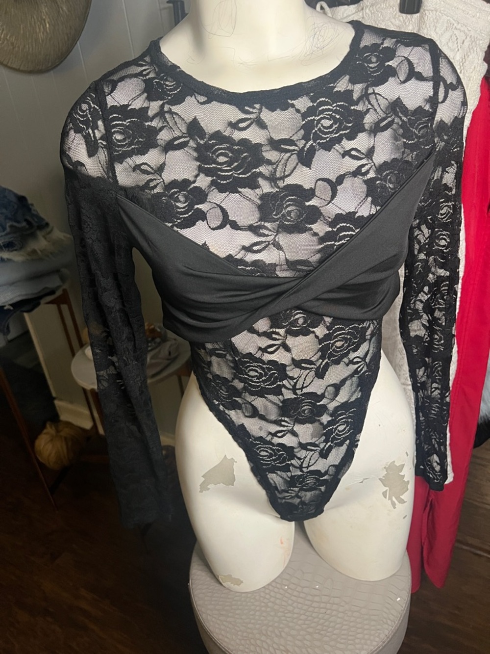 Black Lace Long Sleeve Bodysuit with Twist Front